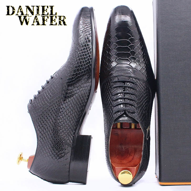 Men's Snake Print Leather Lace-Up Pointed Oxford Dress Shoes
