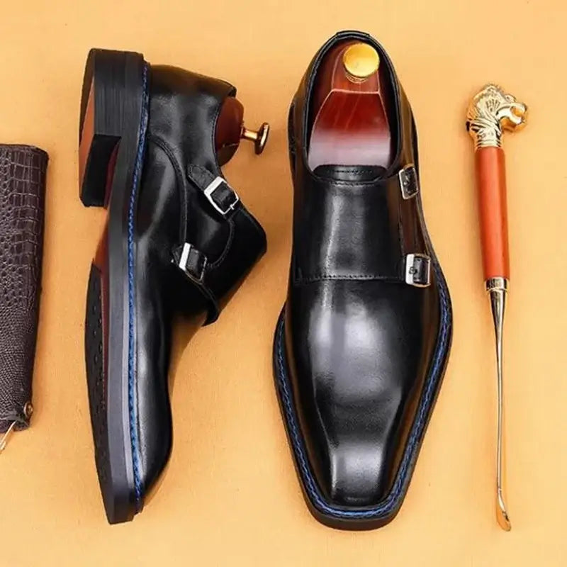 Men's Cowhide Square Toe Double Monk Strap Dress Shoes