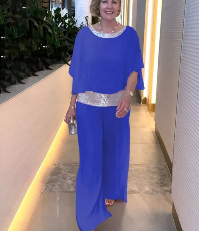 Women's Color-Block Glitter Batwing Top and Wide-Leg Pants Set