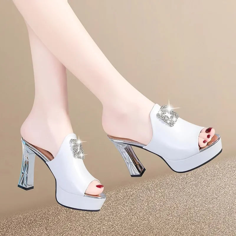 Women's Fish-Mouth Block-Heel Platform Rhinestone Sandals