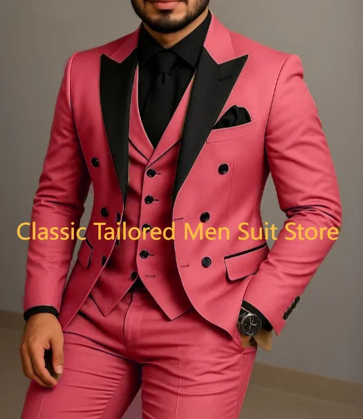 Beige Double Breasted Suit Black Lapel Slim Fit Wedding Suit