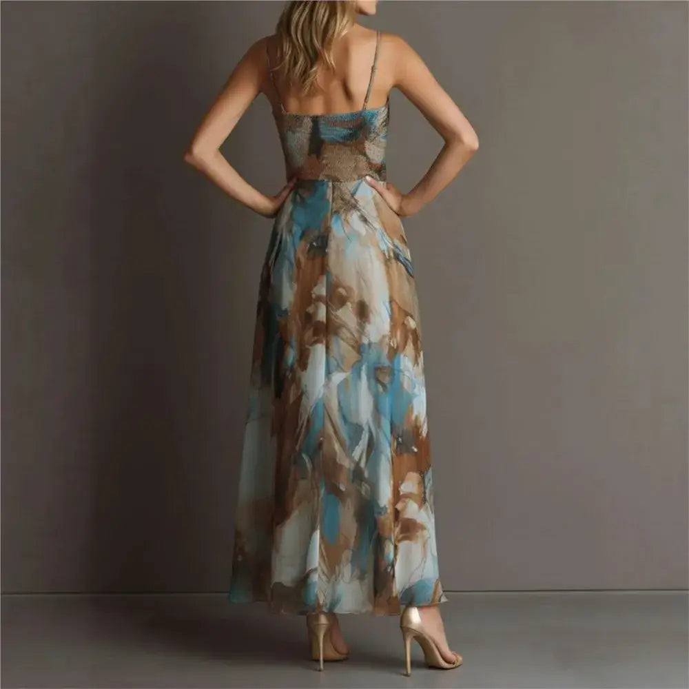 Women's Strap Beach Print Backless Long Dress