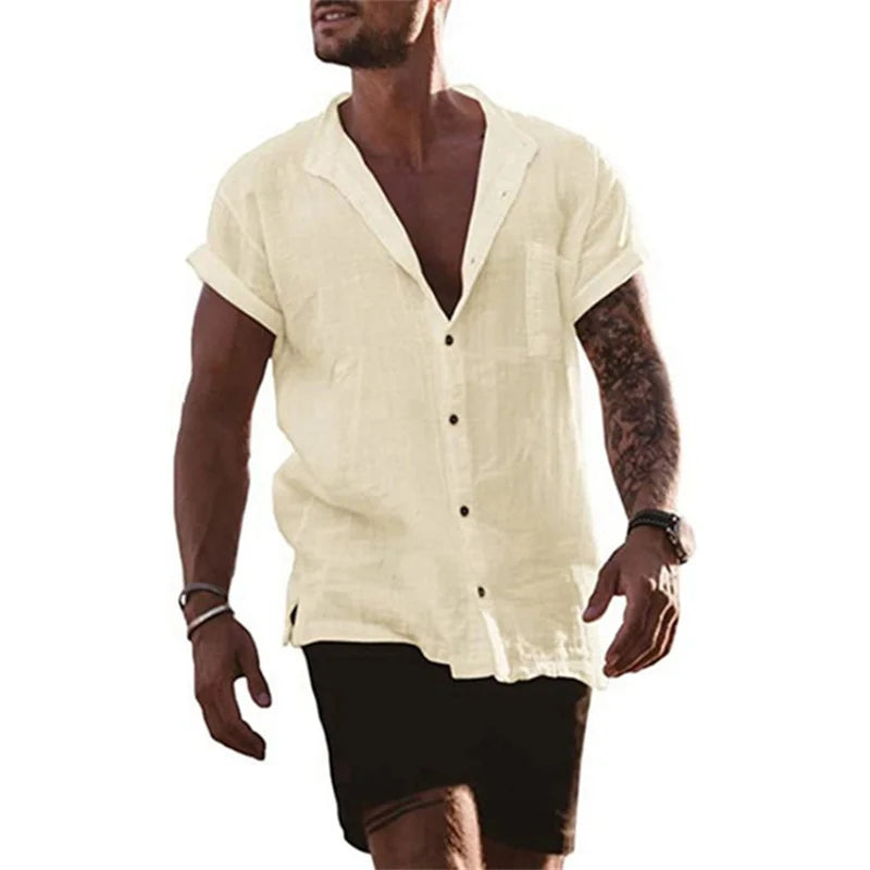 Men's Cotton Linen Short Sleeve Stand Collar Beach Shirt