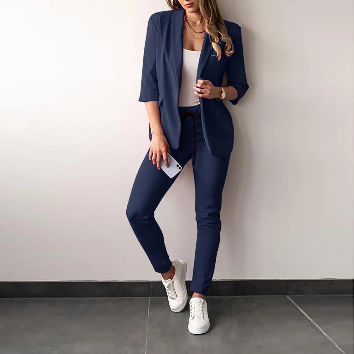 Women's Monochrome Drawstring Elastic-Waist Slit Suit Two-Piece