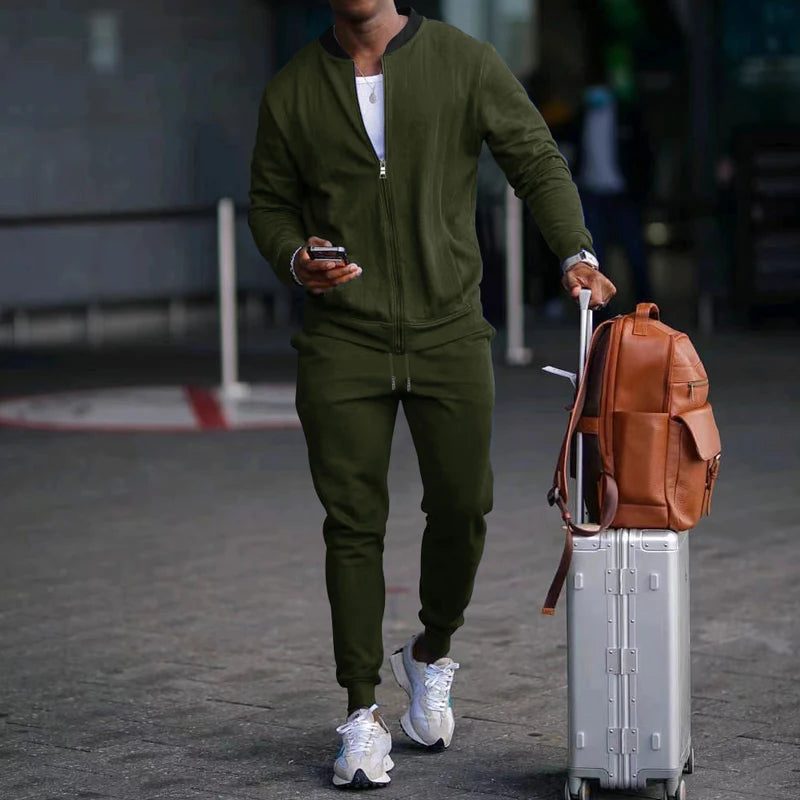 Men's Solid Stand-Collar Zip Jacket and Pants Set