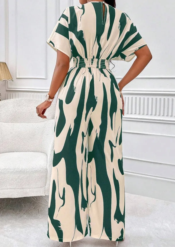Women's V-Neck Short-Sleeve Printed Wide-Leg Jumpsuit