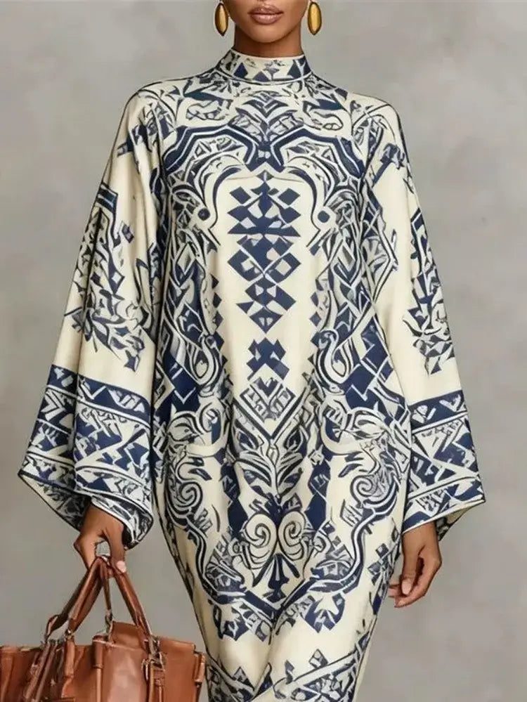 Women's Vintage Tribal Print High-Neck Batwing Mini Party Dress