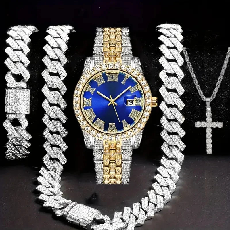 Men's Bling Quartz Watch and Cuban Chain Necklace Set