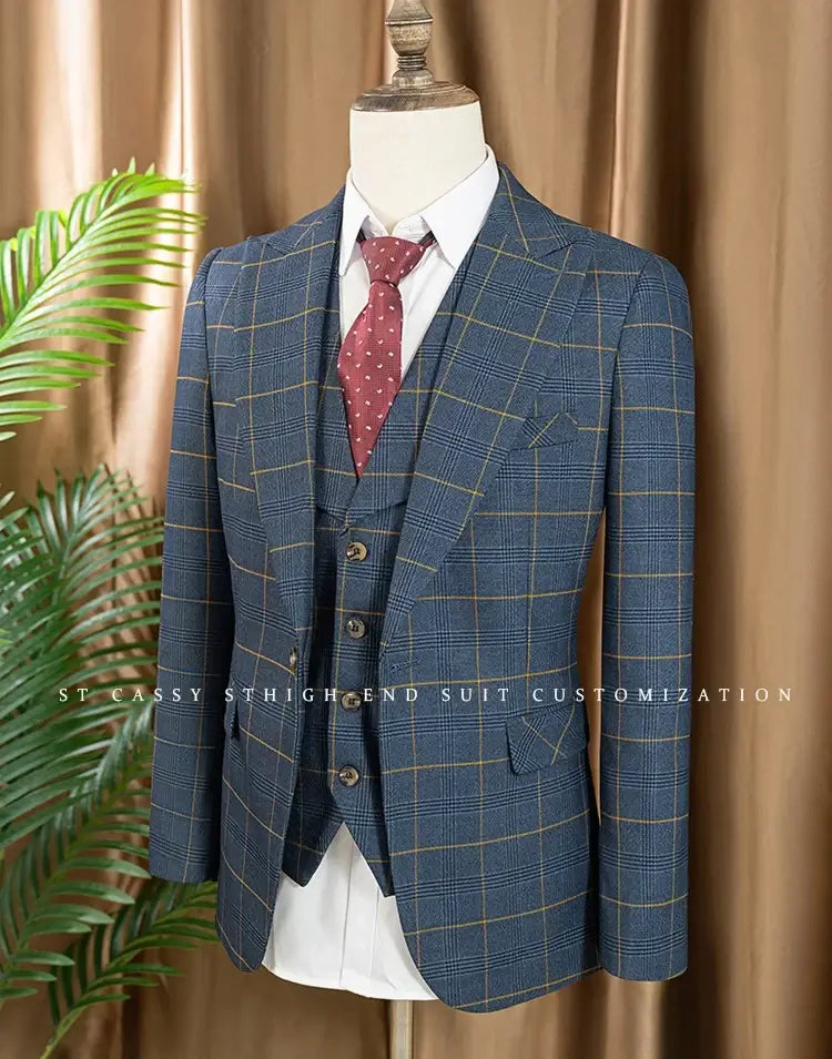 Men's 3-Piece Checkered Business and Wedding Suit