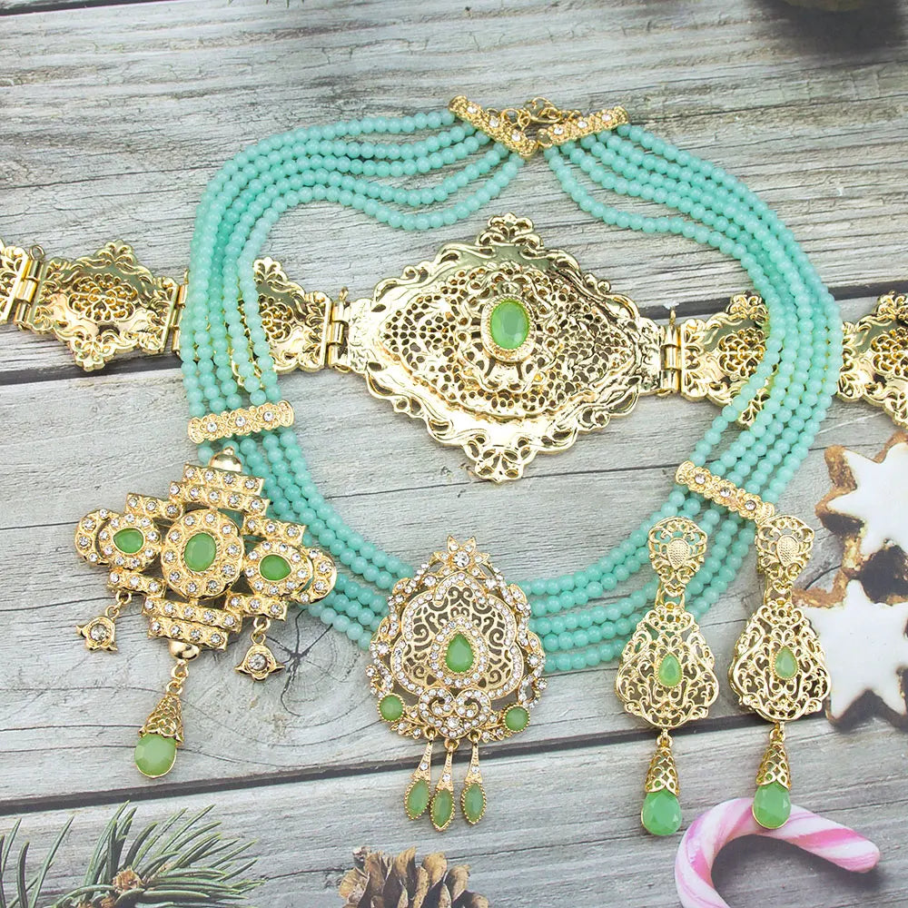 Women's Gold Morocco Caftan Belt, Choker, and Bridal Earrings