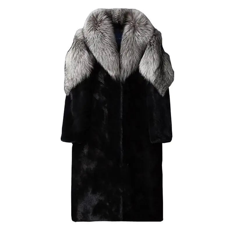 Men's Winter Silver Fox Fur-Collar Coat, Long Thick Warm Windbreaker