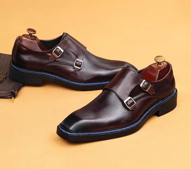 Men's Cowhide Square Toe Double Monk Strap Dress Shoes