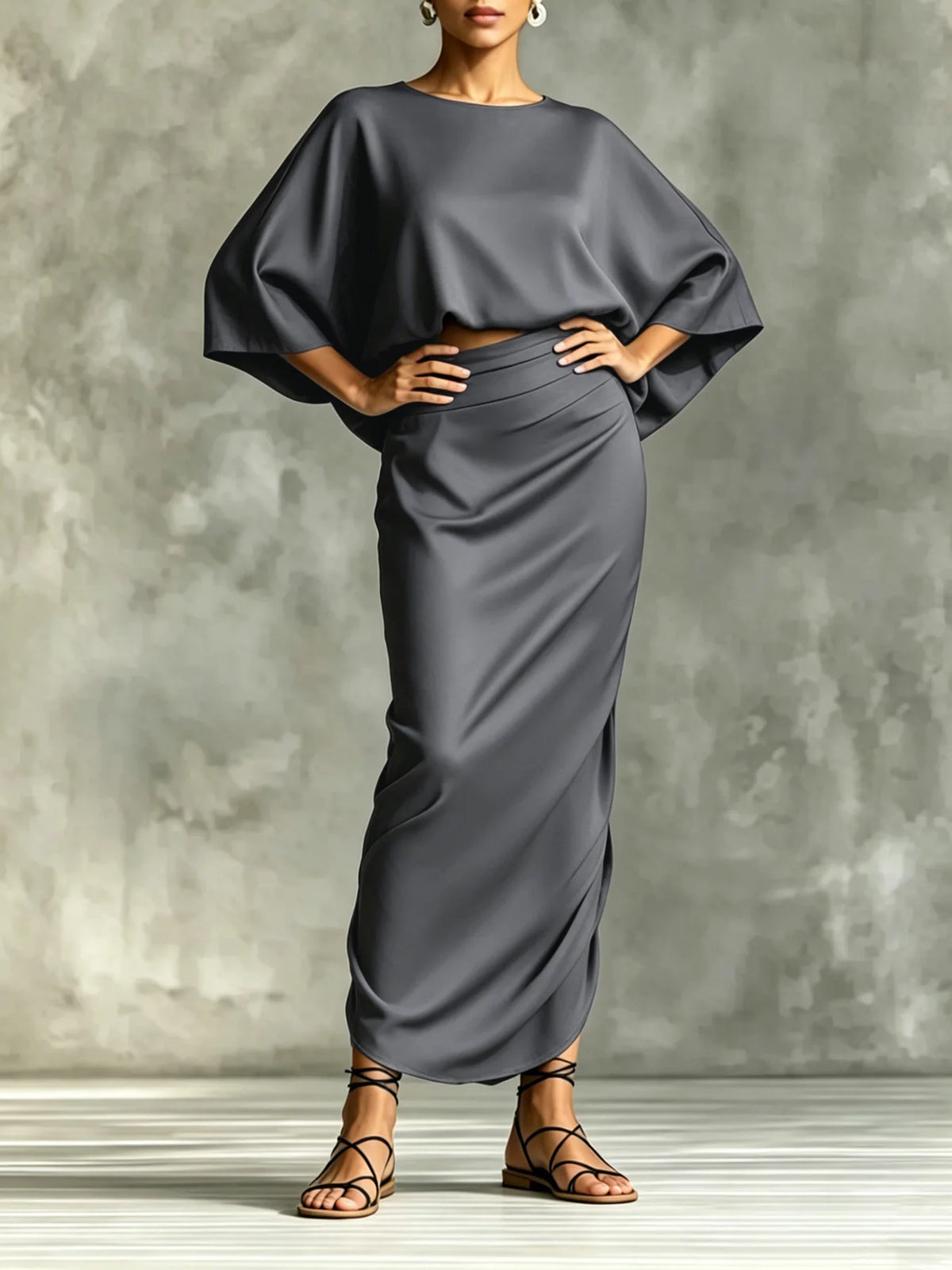 Two-Piece Woman High-Waist Chic Dress Set, Round Neck Three-Quarter Sleeve Short Top and Skirt Set