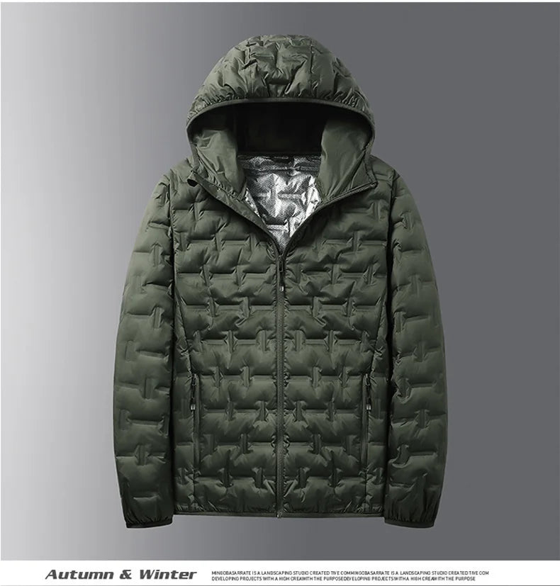 Men's Winter White Graphene Hooded Puffer Jacket, Windproof Down Coat