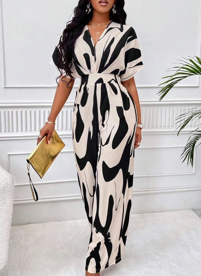 Women's V-Neck Short-Sleeve Printed Wide-Leg Jumpsuit