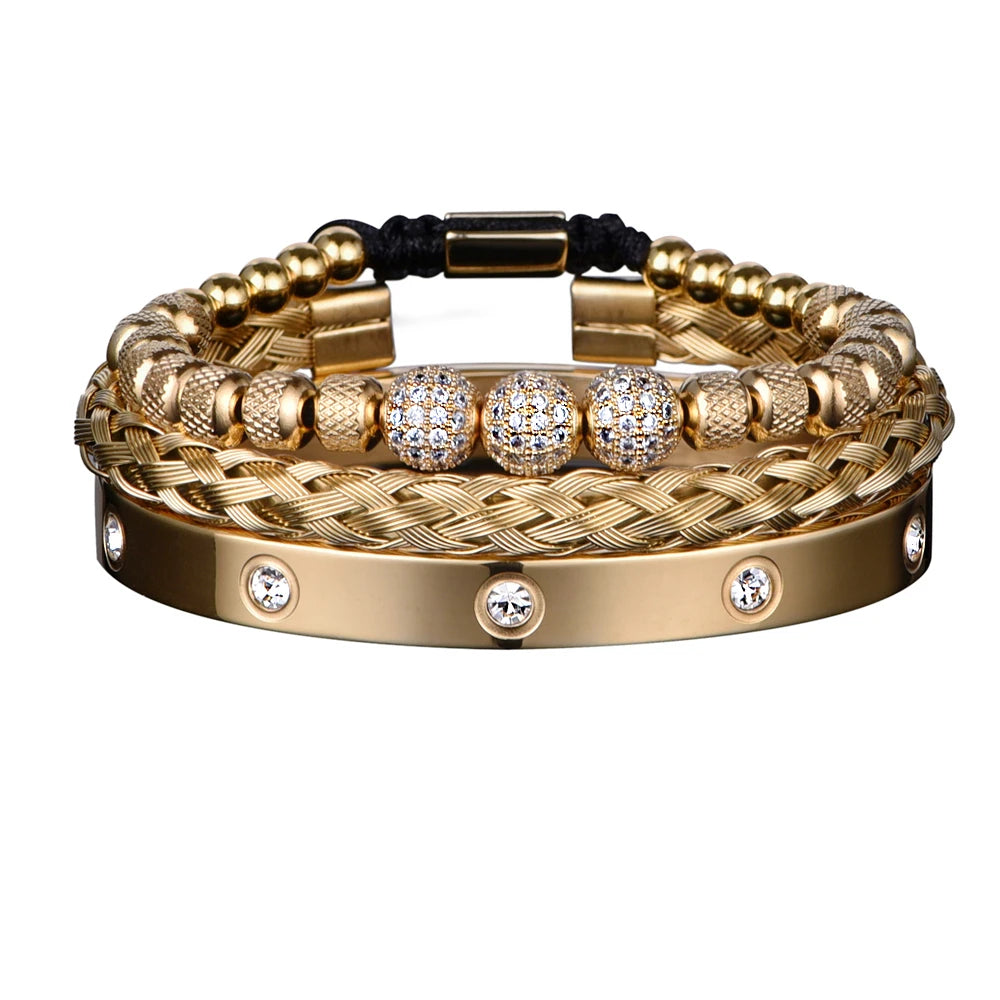 Men's 3-Piece Micro Pave CZ Stainless Steel Charm Bracelet Set