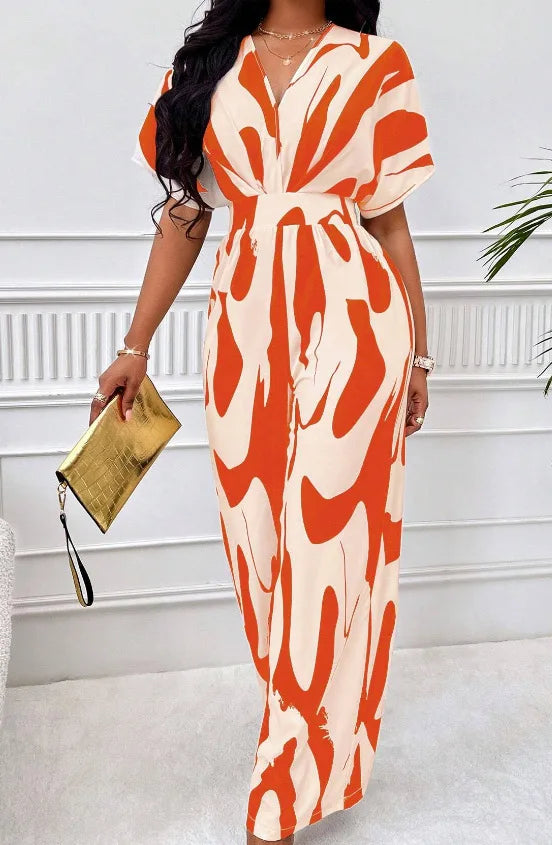 Women's V-Neck Short-Sleeve Printed Wide-Leg Jumpsuit