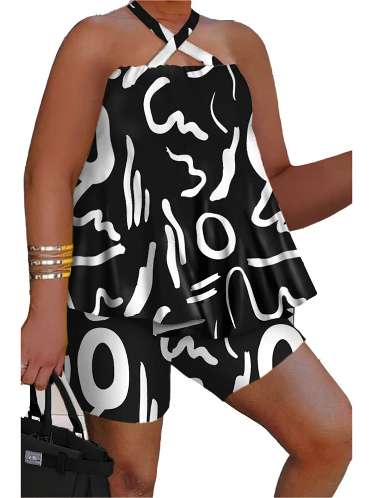 Women's Plus-Size Sleeveless Printed Short Top and Pants Beach Set