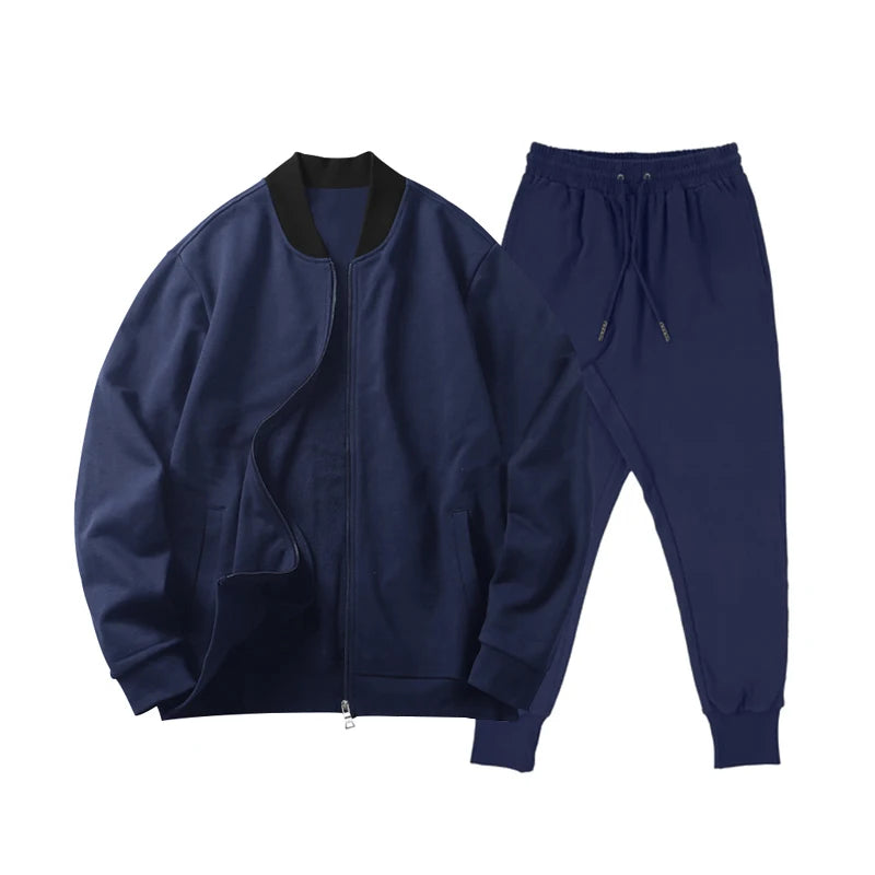Men's Solid Stand-Collar Zip Jacket and Pants Set