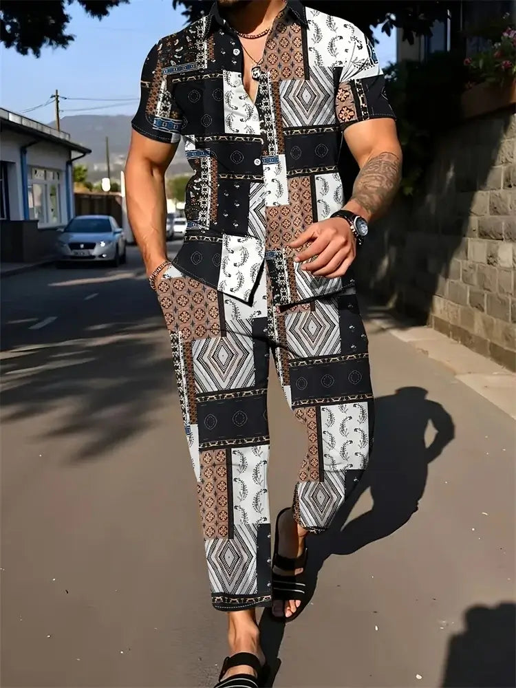 Men's Geometric Print Short-Sleeve Shirt Set