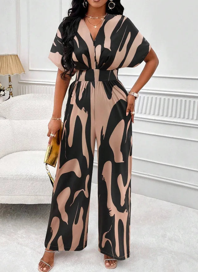 Women's V-Neck Short-Sleeve Printed Wide-Leg Jumpsuit