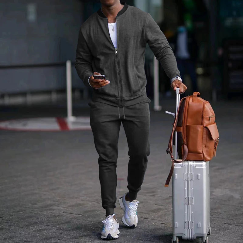 Men's Solid Stand-Collar Zip Jacket and Pants Set