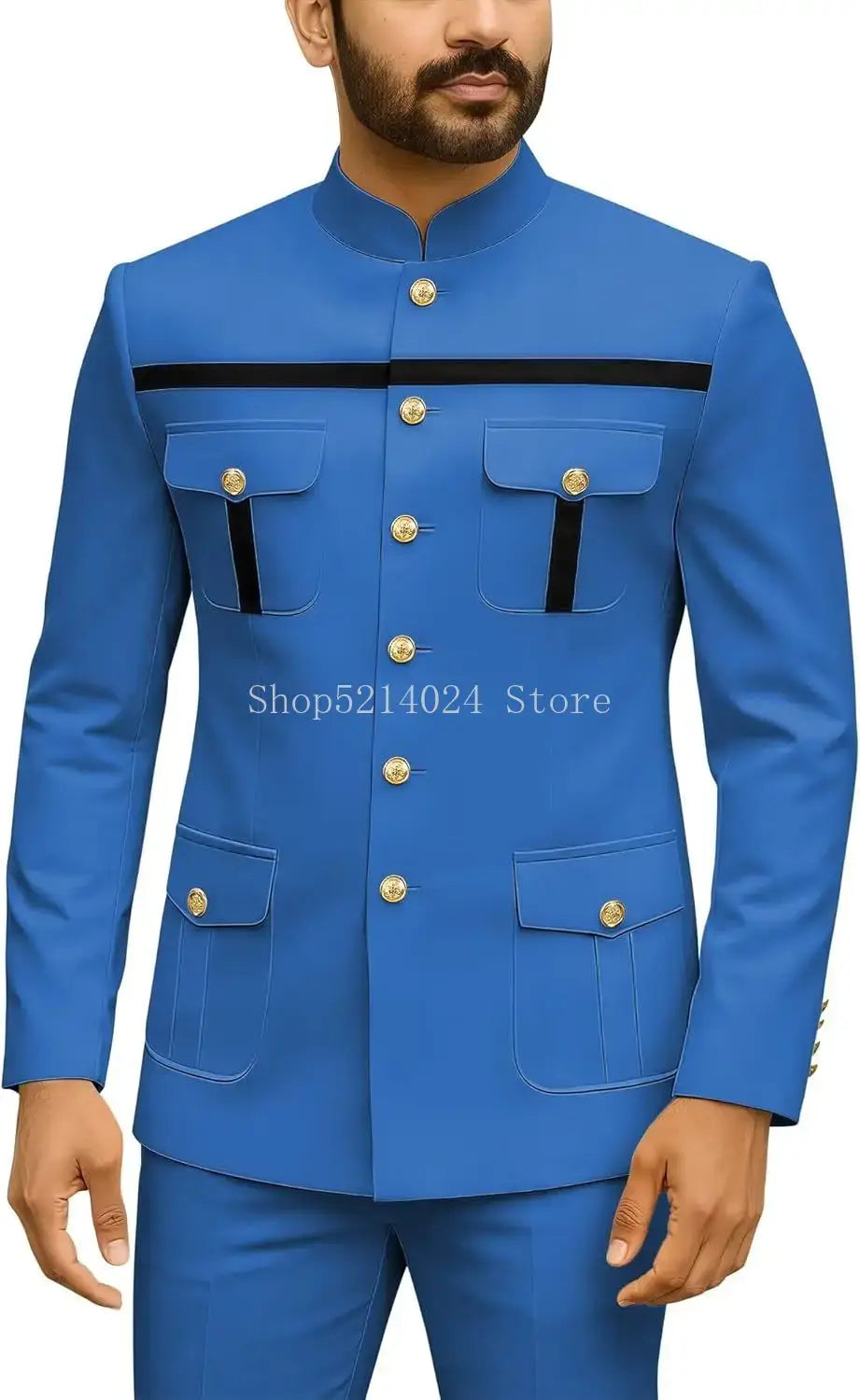 Mens Safari Suit 2 Piece Regular Fit Chinese Suit Stand Collar Gold Button Blazer Pants Set African Outfits