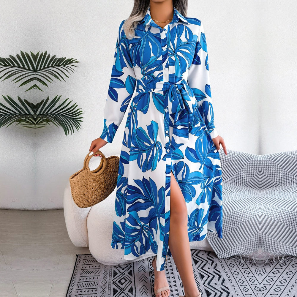 Women's Contrast Floral Polo Collar Lace-Up Shirt Dress