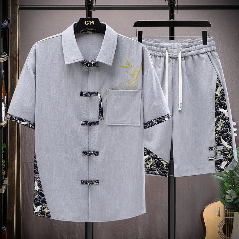 Men's Print Short-Sleeve Shirt and Shorts Two-Piece Set