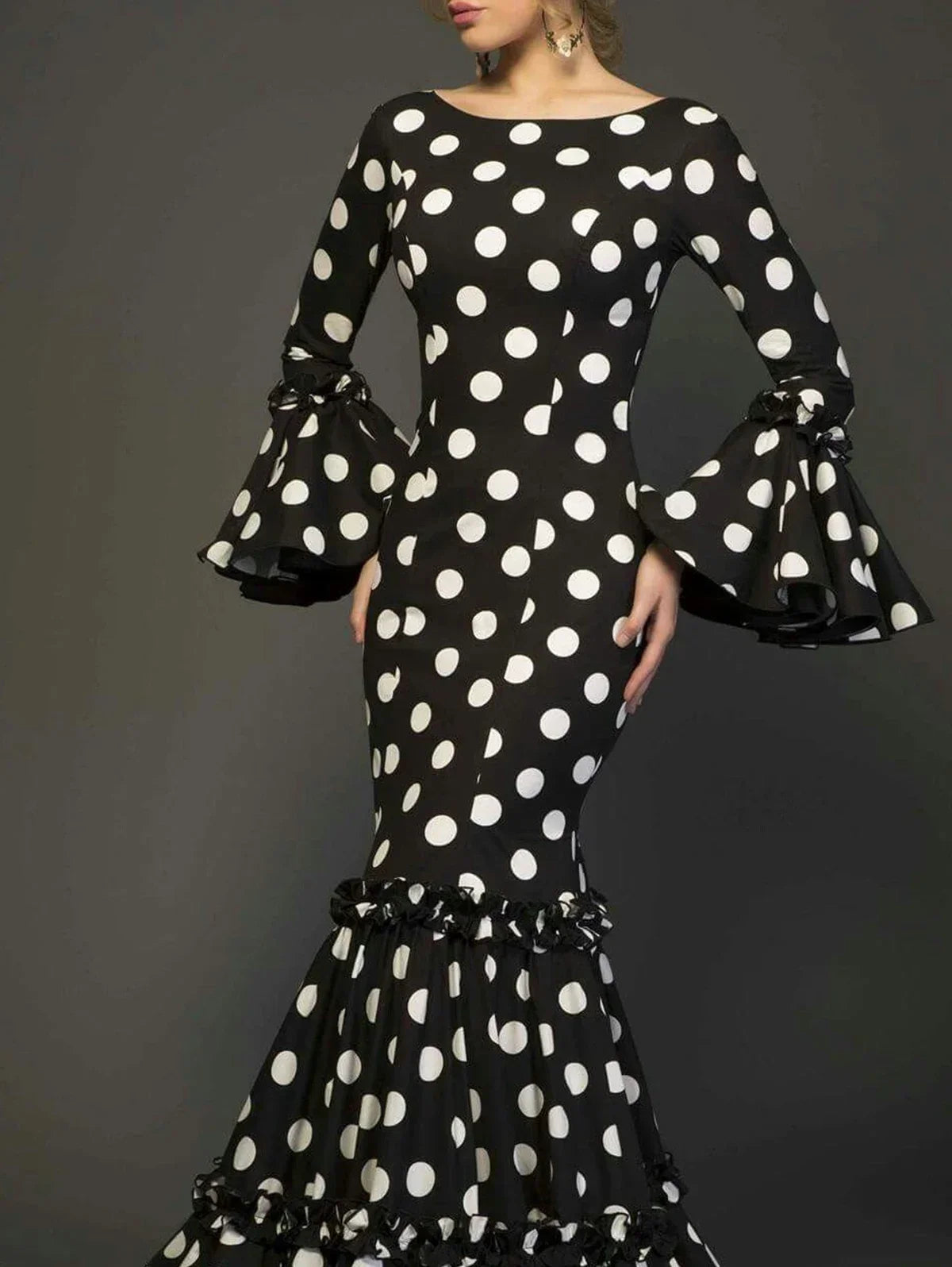 Women's Polka Dot Ruffle Hem Flare Sleeve Maxi Dress
