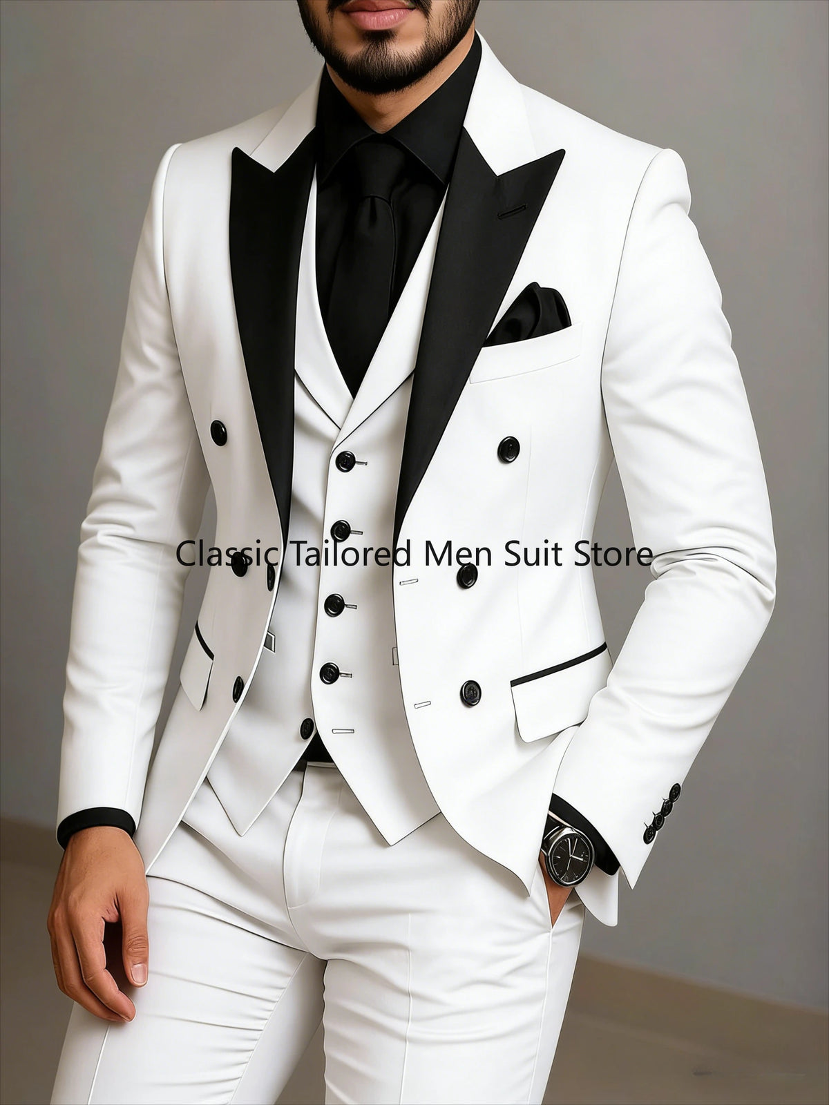 Beige Double Breasted Suit Black Lapel Slim Fit Wedding Suit