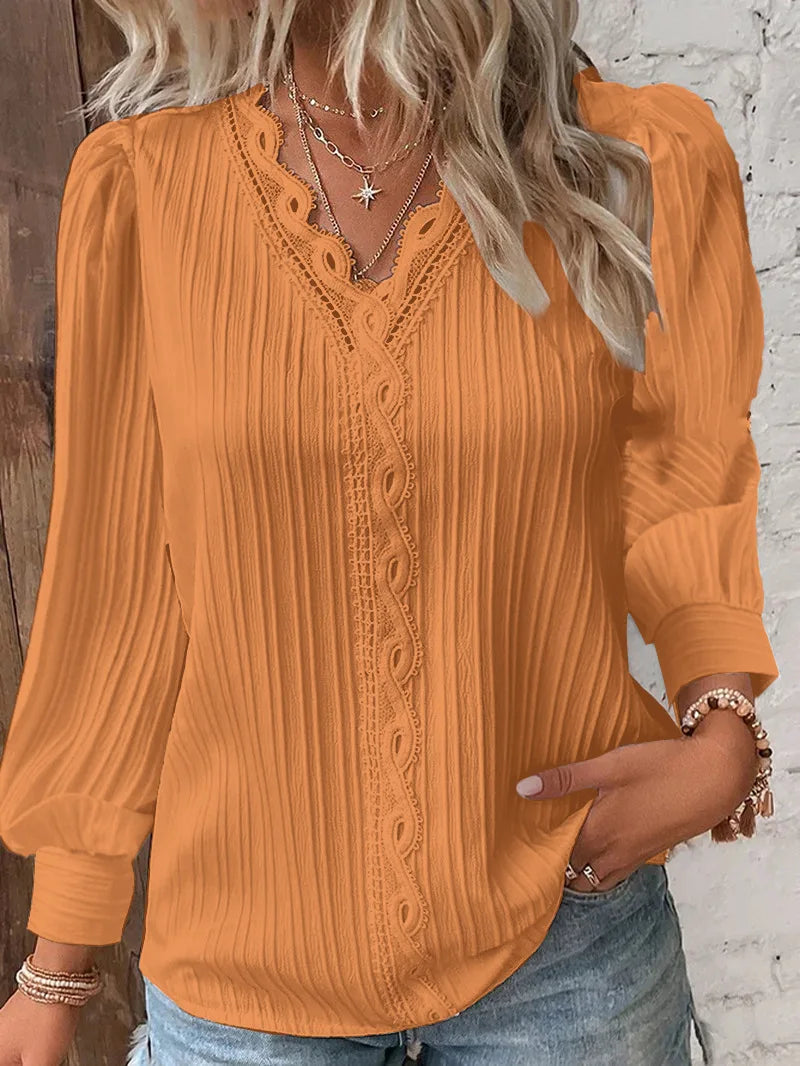 Women's Hollow Lace Patchwork V-Neck Long Sleeve Blouse