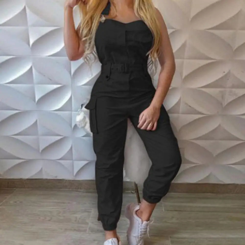 Women's High-Waist Halter Cargo Jumpsuit, Slim Pocket Overalls