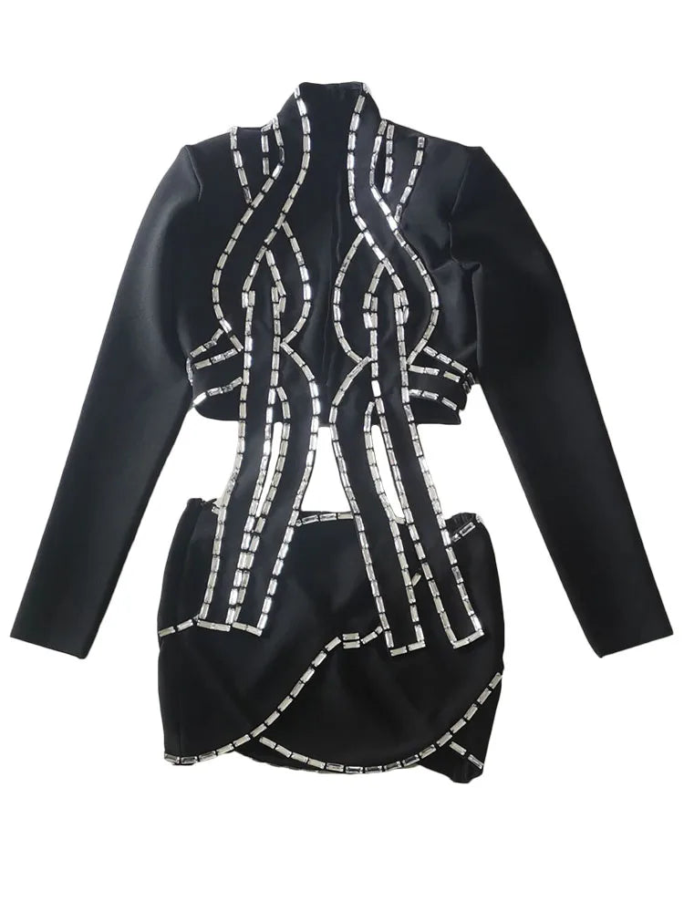 Women's Diamond Hollow Blazer and Bandage Skirt 2-Piece Set