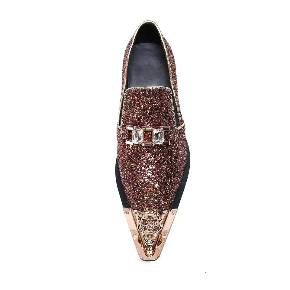 Men's Glitter Gold Italian Pointed Leather Wedding Dress Shoes