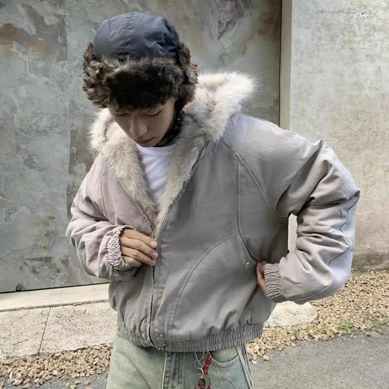 Men's Wool Collar Hooded Winter Cotton Jacket