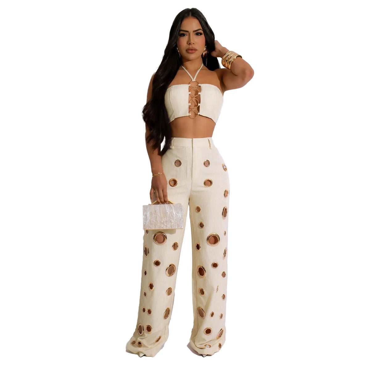 Women's Sequined Halter Top and Wide Leg Pants Set