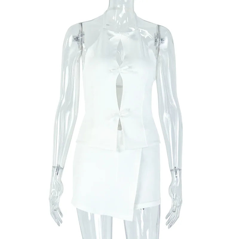 Women's White Hollow Halter Backless Top and Irregular Mini Skirt Set