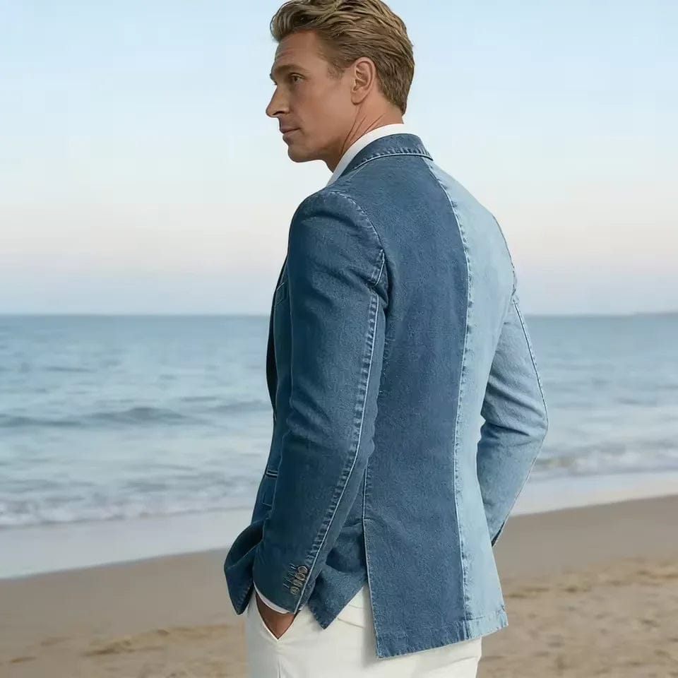 Men's Spliced Denim Peak Lapel Double-Breasted Blazer