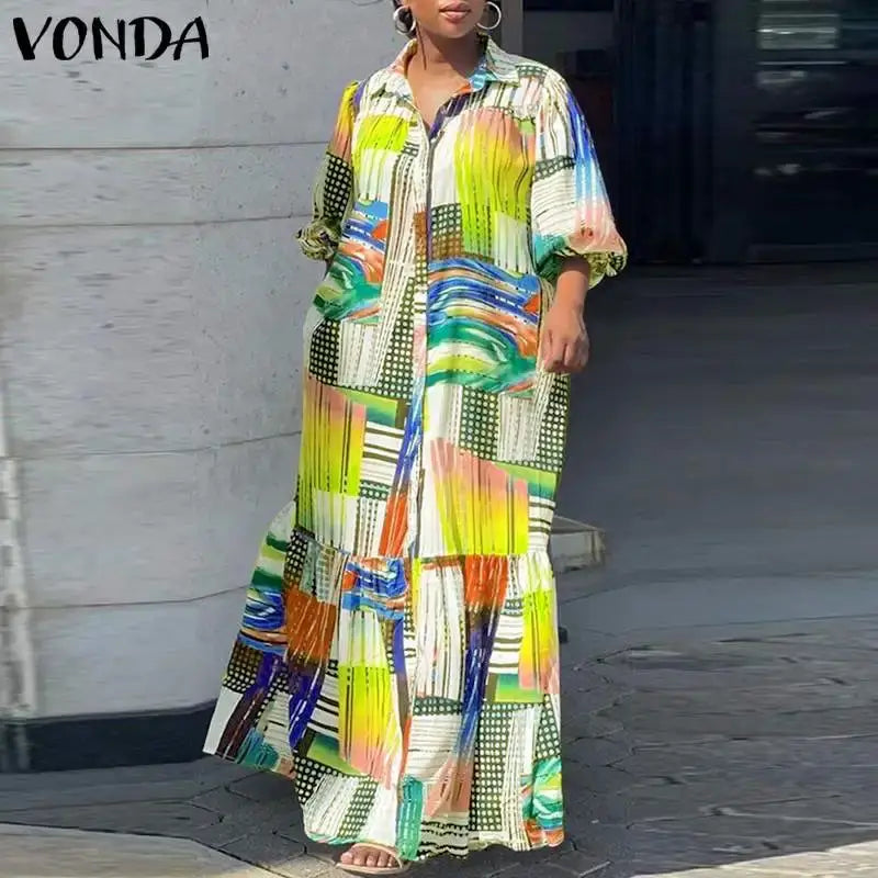 Women's Plus-Size 5XL Bohemian Printed Long Sleeve Vintage Maxi Dress