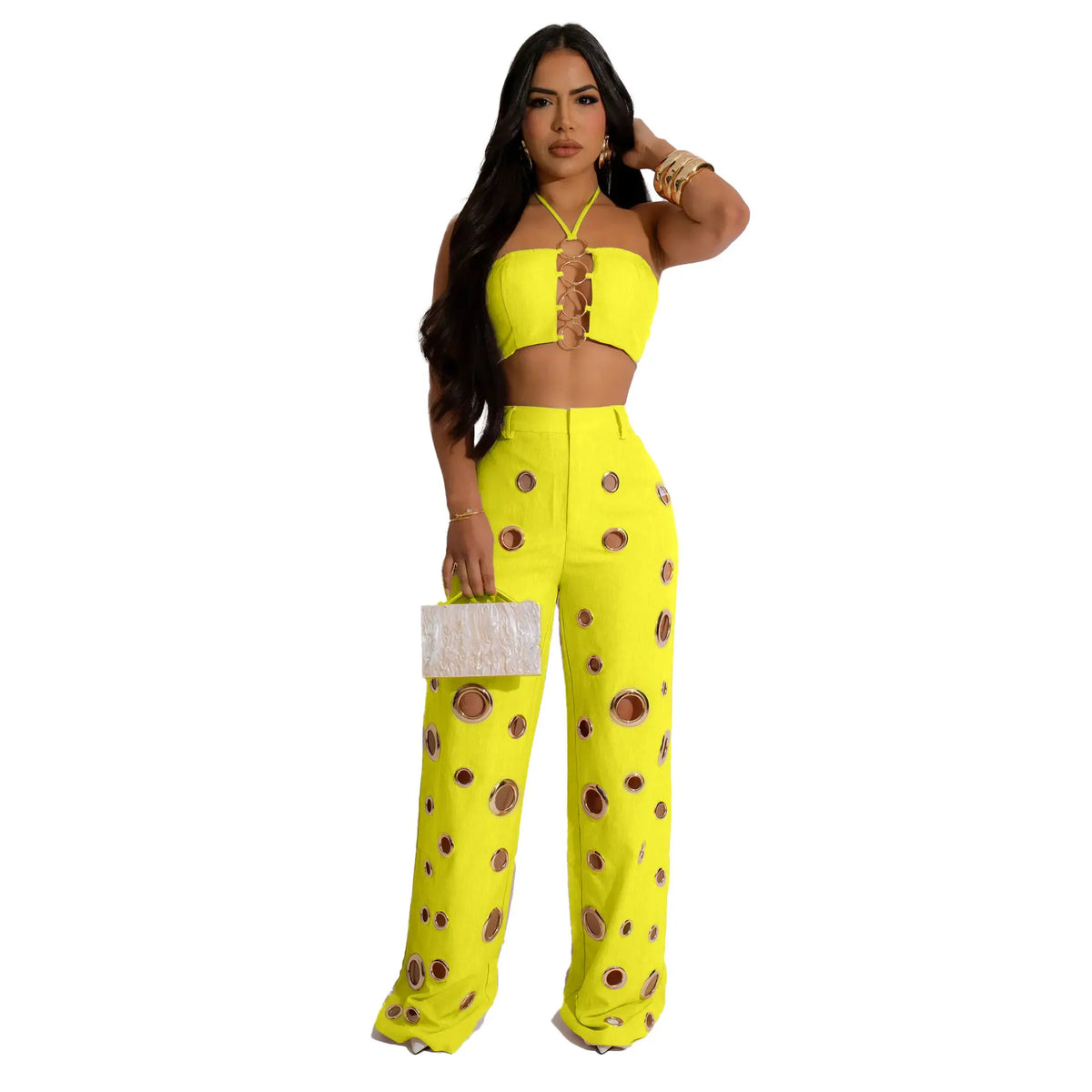 Women's Sequined Halter Top and Wide Leg Pants Set