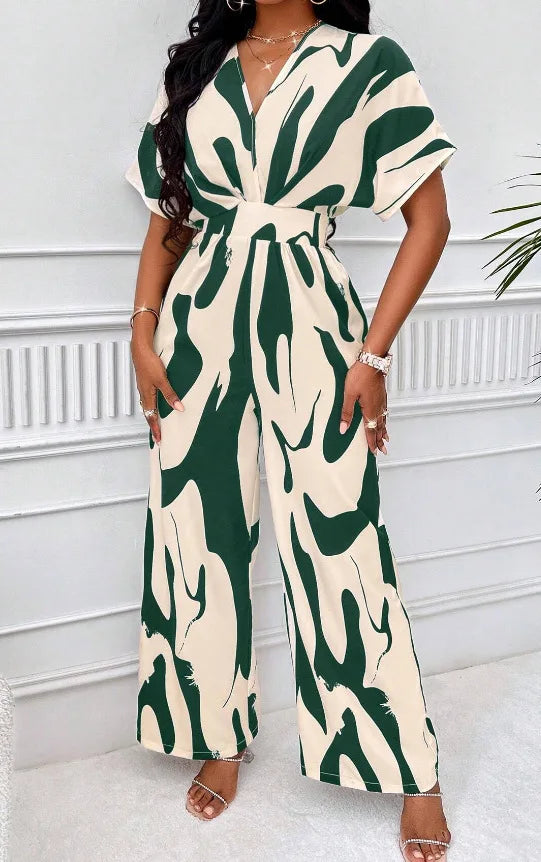 Women's V-Neck Short-Sleeve Printed Wide-Leg Jumpsuit