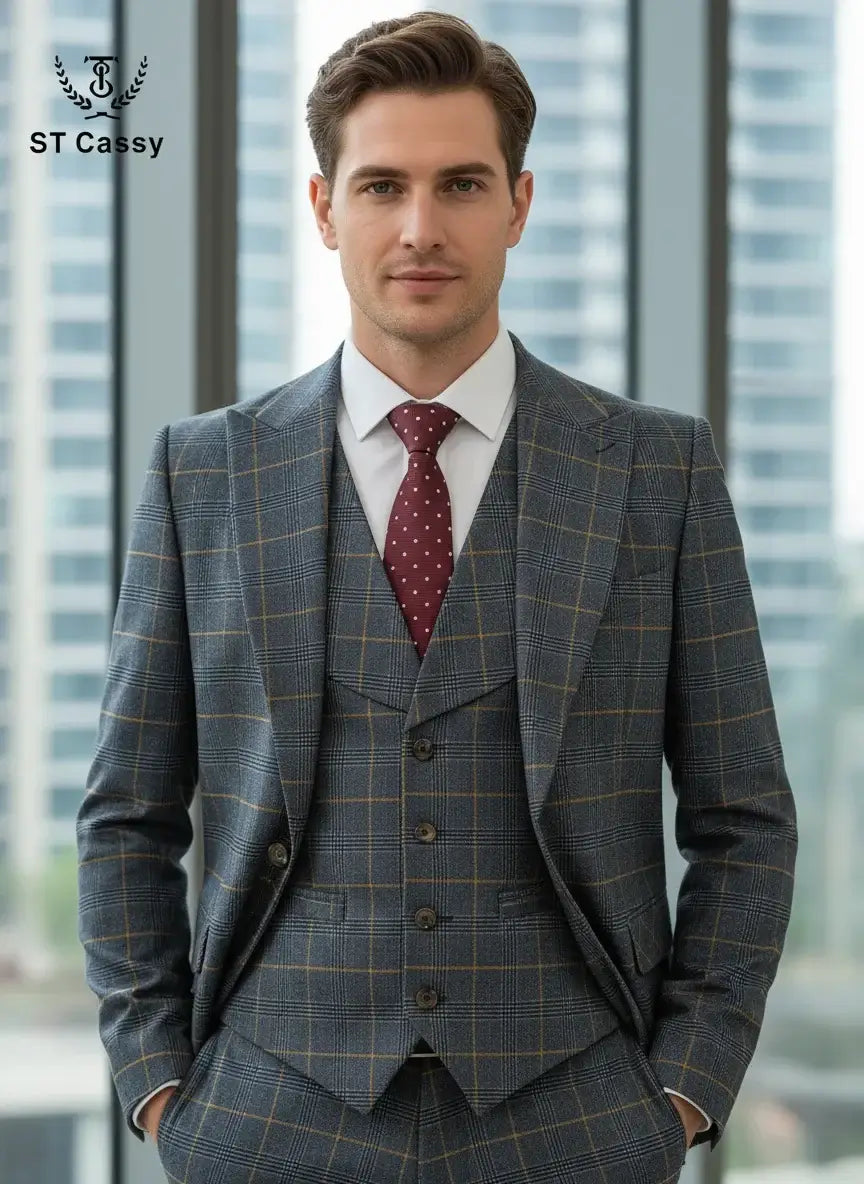 Men's 3-Piece Checkered Business and Wedding Suit