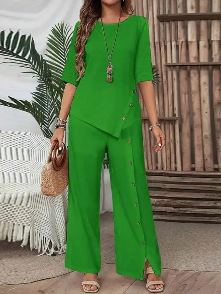 Women's Button Short-Sleeve Shirt and Loose Trousers Two-Piece Set