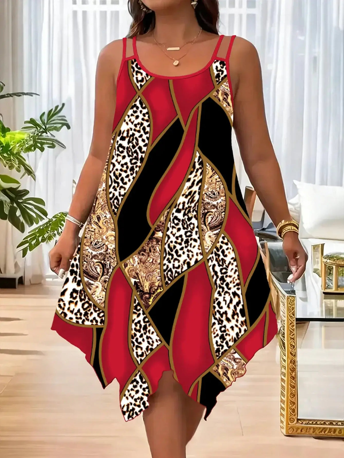 Women's Plus Size Asymmetrical Geometric Stripe Double-Strap Dress