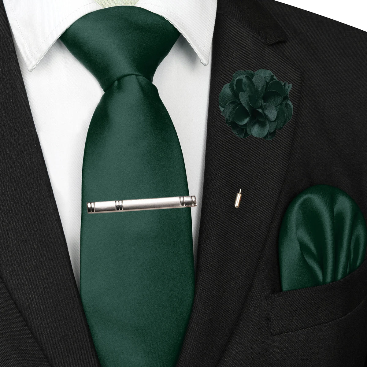 Men's Solid Color Tie Set with Lapel Pin and Pocket Square