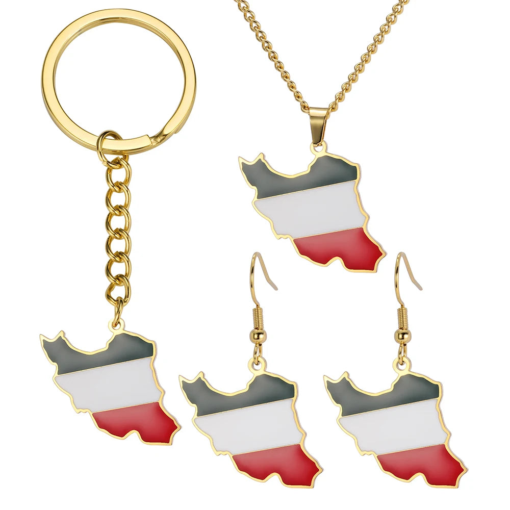 Women's Iran Map Zircon Necklace Earrings Keychain Set