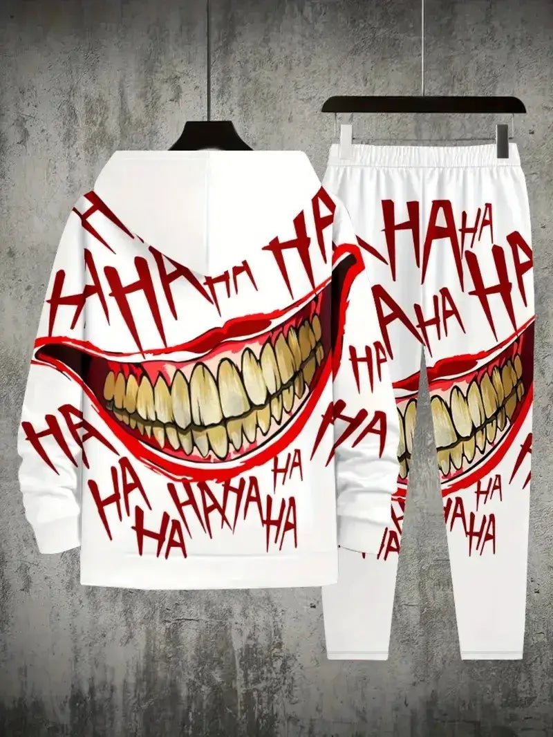 Men's Casual 3D Smiling-Face Print Hoodie and Pants Set, Spring Autumn