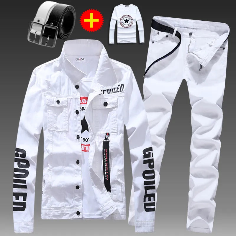 Men's Slim Fit Letter Print Denim Jacket and Pants Two-Piece Set