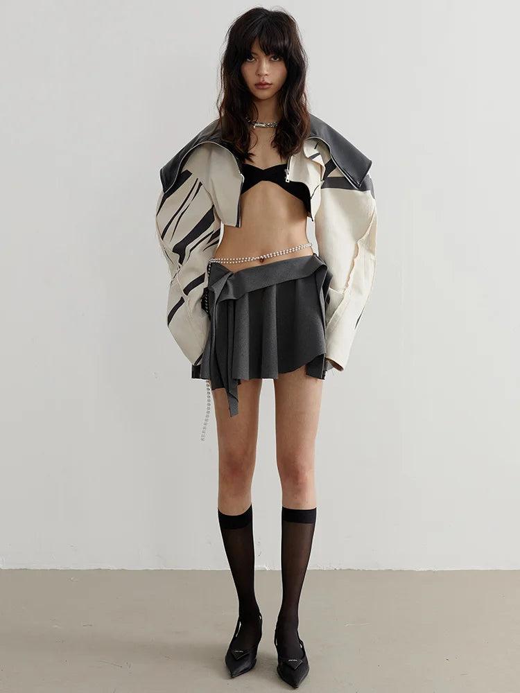 Women's Contrast Lapel Zipper Short Jacket Coat